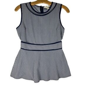 Monteau Los Angeles Navy Blue White Striped Peplum Top Nautical Sleeveless  M